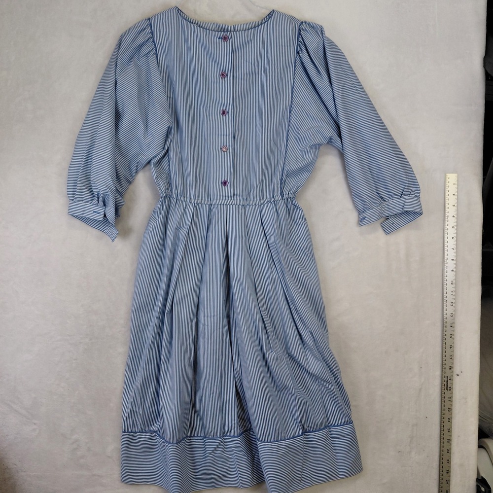 Vintage John Roberts Blue White Striped Cotton Midi Dress Puffy Sleeve Womens 8 - Picture 7 of 9